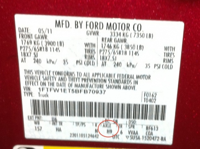 2002 Ford f150 axle ratio codes