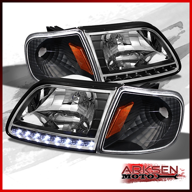 97-03 F150 Expedition 97-99 F250 LD Black LED Headlights+Corner